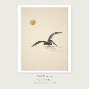 Flying Pelican Ink Style unframed 16 by 20 inch print on enhanced matte paper, shown with its white paper border.