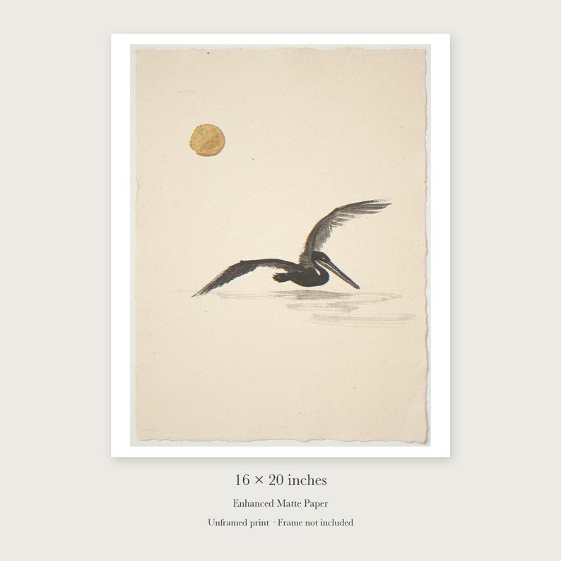 Flying Pelican Ink Style unframed 16 by 20 inch print on enhanced matte paper, shown with its white paper border.