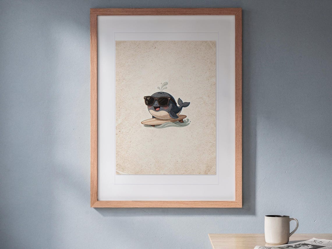 Whale Surfing print in a Red Oak frame with a white mat, hanging above the bench in a breakfast nook.