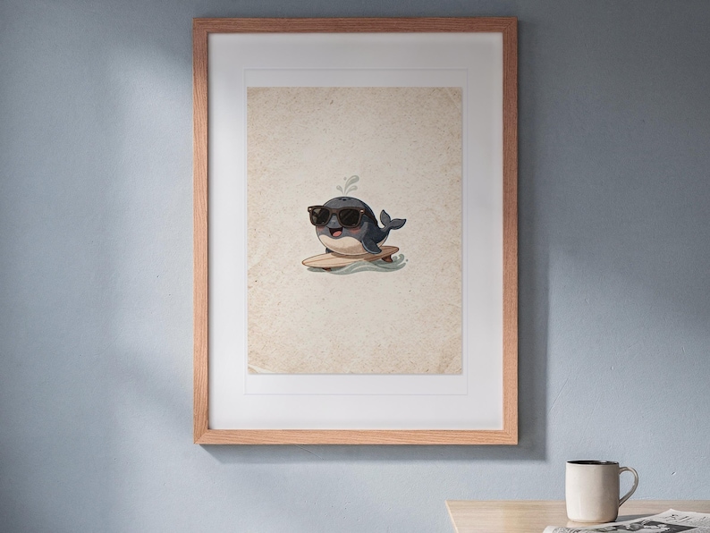 Whale Surfing print in a Red Oak frame with a white mat, hanging above the bench in a breakfast nook.