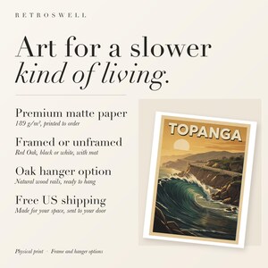 RetroSwell print details for Topanga Surf: premium 189 g/m² matte paper, framed or unframed, oak hanger option, free US shipping.