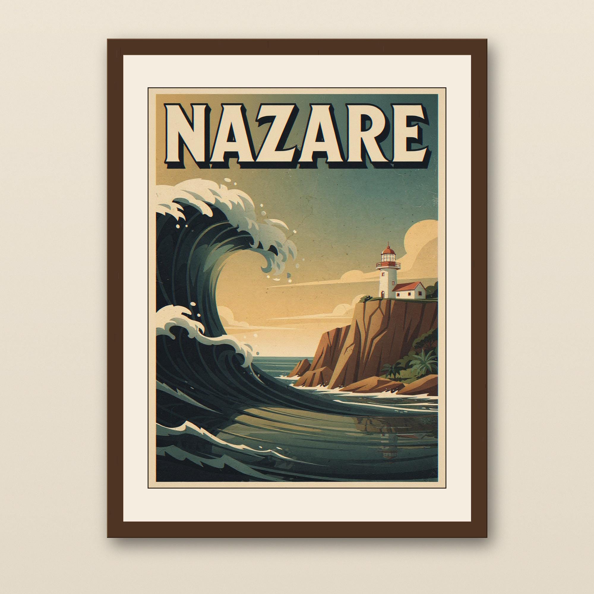 Nazare Portugal Surf Poster - walnut framed art print with cream mat on plaster wall