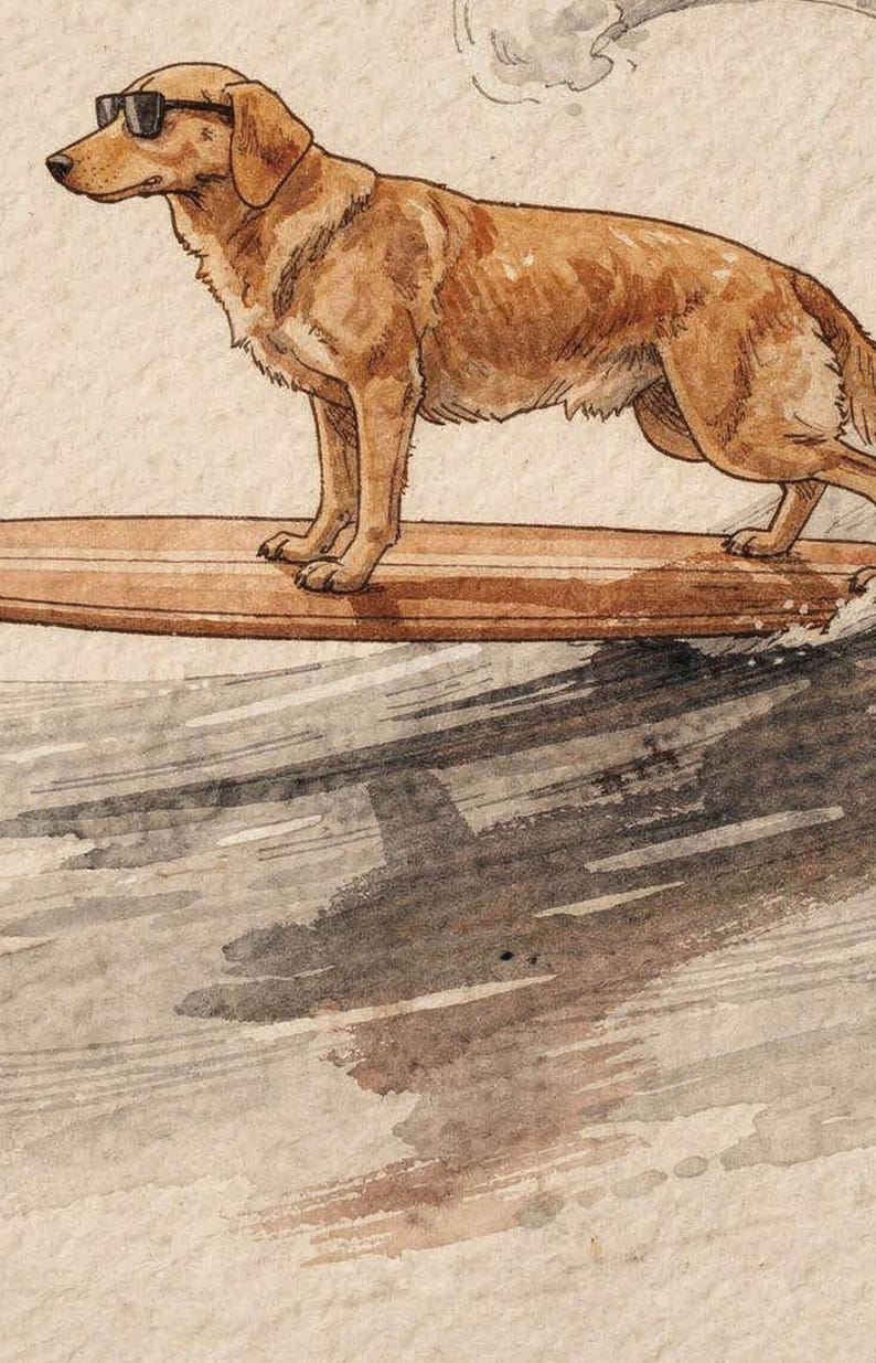 Golden Retriever Surfing Print | Dog Surf Wall Art | Fine Art Coastal Decor | Dog Lover Gift | Printable Wall Art Digital Download image 4