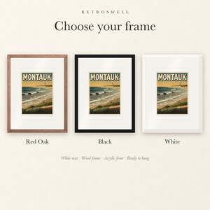 Frame options for Montauk Surf: Red Oak, black and white wood frames, each with a white mat.