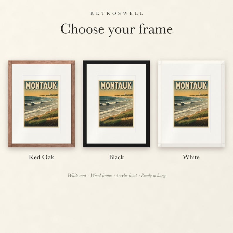 Frame options for Montauk Surf: Red Oak, black and white wood frames, each with a white mat.