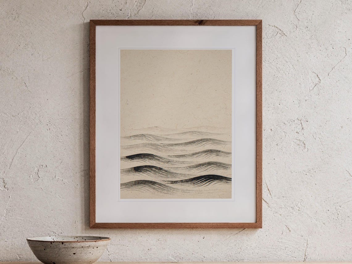Layered Waves Ink Style print in a Red Oak frame with a white mat, hanging above the console in a japandi living room.