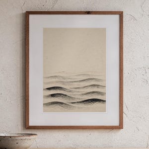 Layered Waves Ink Style print in a Red Oak frame with a white mat, hanging above the console in a japandi living room.