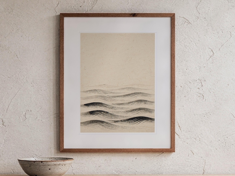 Layered Waves Ink Style print in a Red Oak frame with a white mat, hanging above the console in a japandi living room.