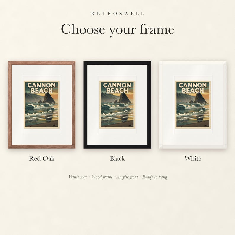 Frame options for Cannon Beach Oregon Surf: Red Oak, black and white wood frames, each with a white mat.