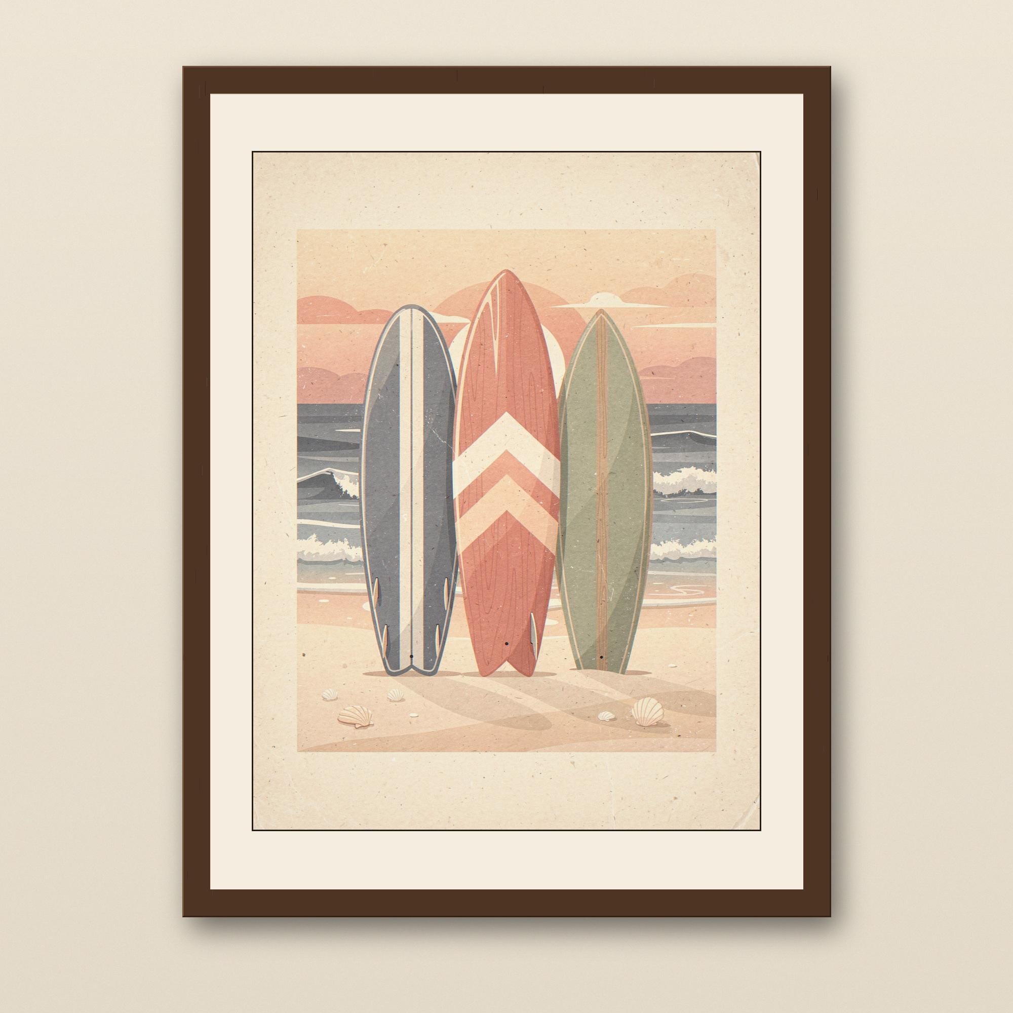 Retro Surfboard Collection Print - walnut framed art print with cream mat on plaster wall