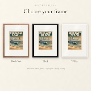 Frame options for Rockaway Beach Surf: Red Oak, black and white wood frames, each with a white mat.