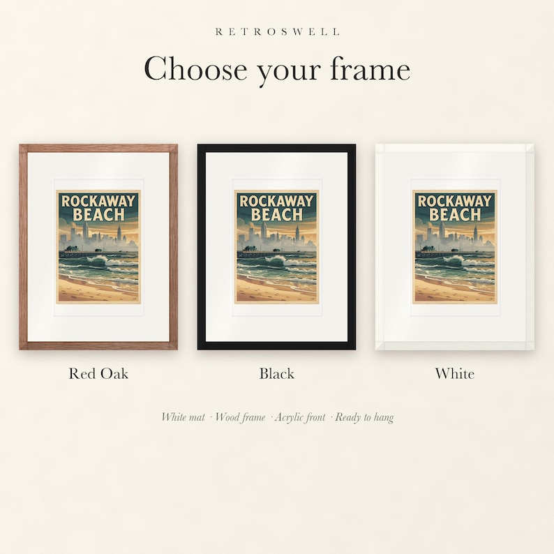 Frame options for Rockaway Beach Surf: Red Oak, black and white wood frames, each with a white mat.
