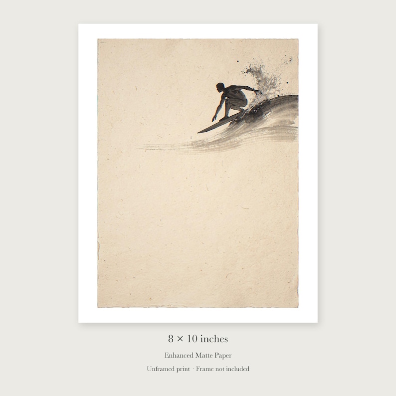 Surfer Cutback Ink Style unframed 8 by 10 inch print on enhanced matte paper, shown with its white paper border.