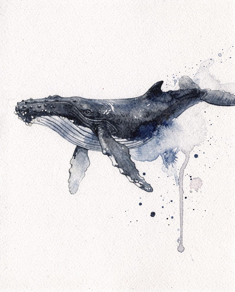 Humpback Whale Watercolor Print, Indigo Whale Painting, Coastal Wall Art, Ocean Nursery Decor, Beach House Printable Wall Art Digital Downlo image 2
