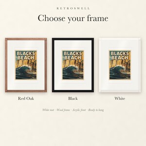 Frame options for Blacks Beach Surf: Red Oak, black and white wood frames, each with a white mat.