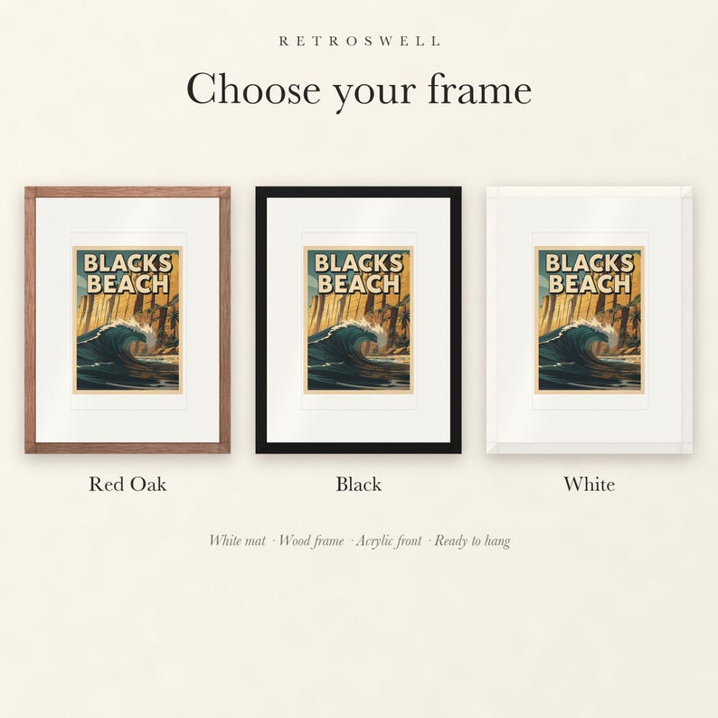 Frame options for Blacks Beach Surf: Red Oak, black and white wood frames, each with a white mat.