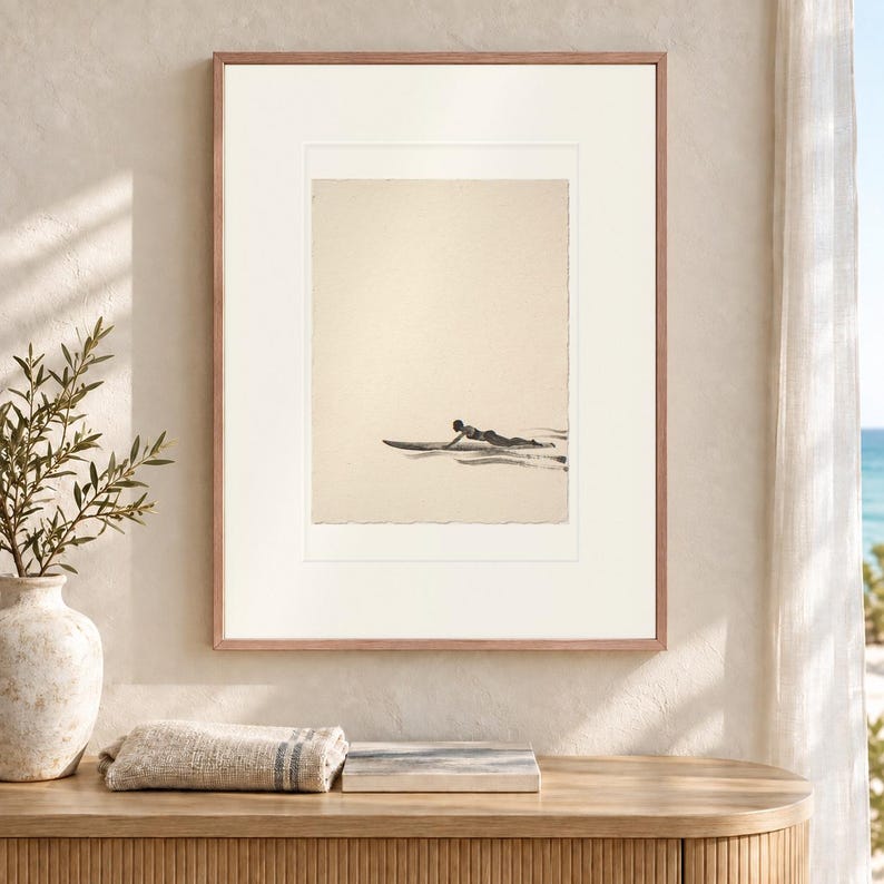 Paddling Surfer Ink Style Art Print, Framed or Unframed Coastal Poster image 12