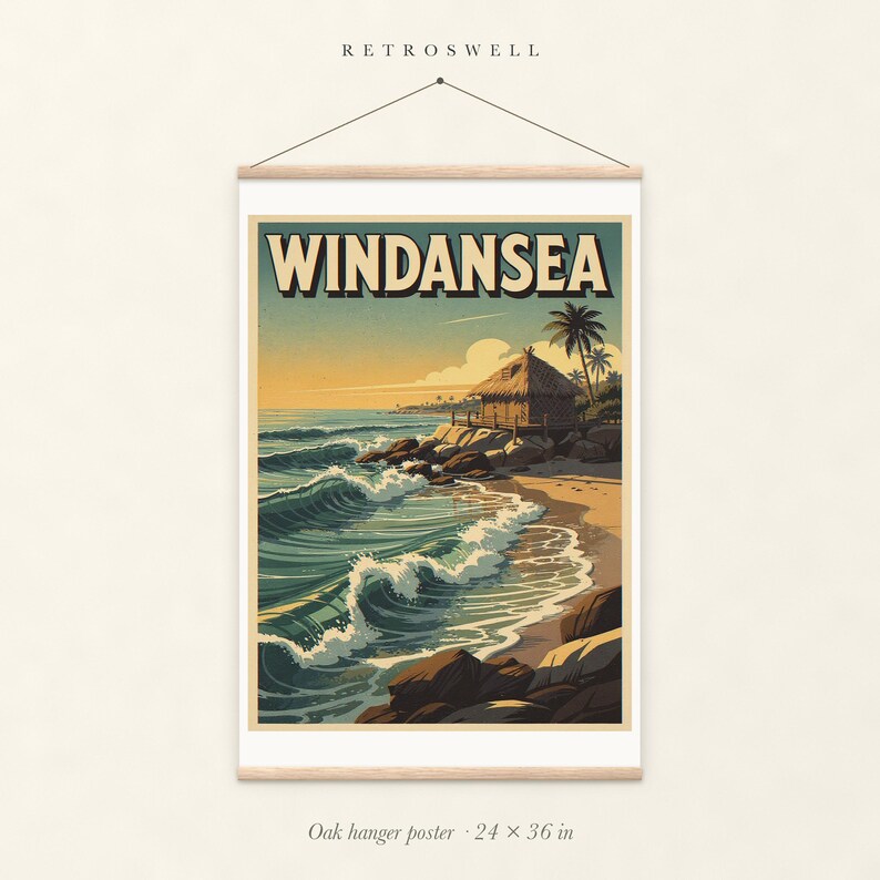 Windansea Surf oak hanger poster, 24 by 36 inches, with natural wood rails and a hanging cord.