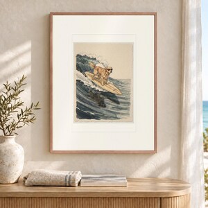 Lámina artística de Golden Retriever surfeando, póster de perro estilo acuarela con o sin marco. imagen 2