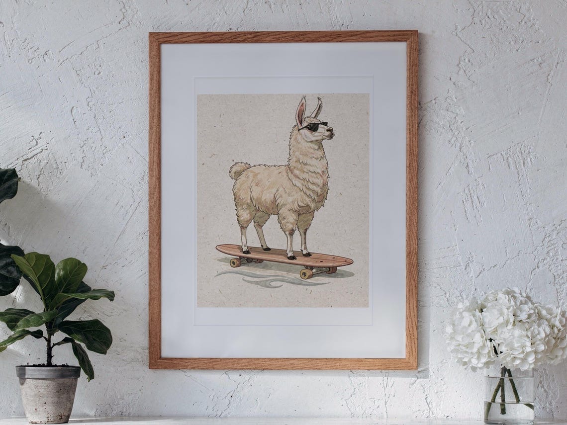 Llama on a Longboard print in a Red Oak frame with a white mat, hanging above the console in a sunroom.