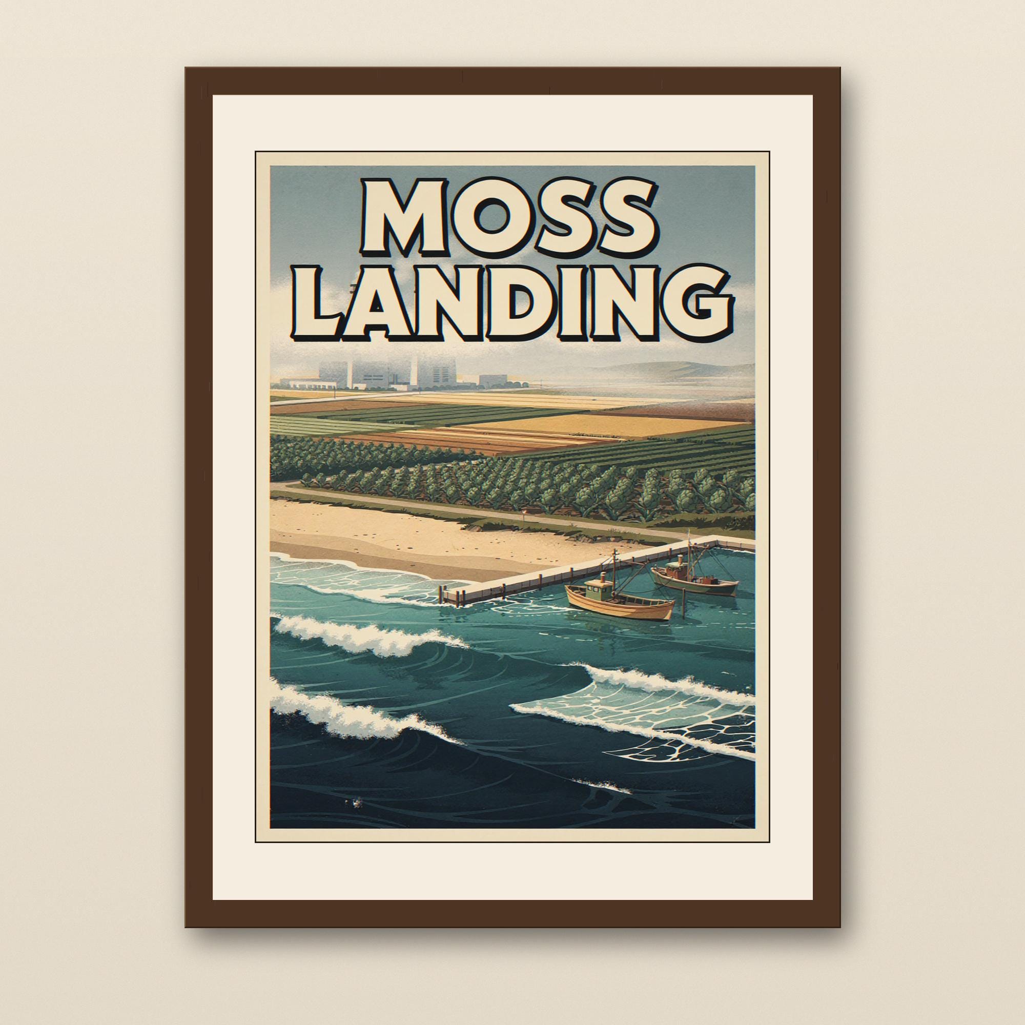 Moss Landing California Surf Poster - walnut framed art print with cream mat on plaster wall