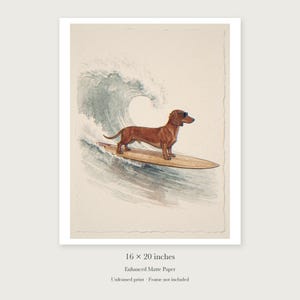 Stampa artistica di un bassotto surfista, con o senza cornice. Poster in stile acquerello con cane. immagine 9