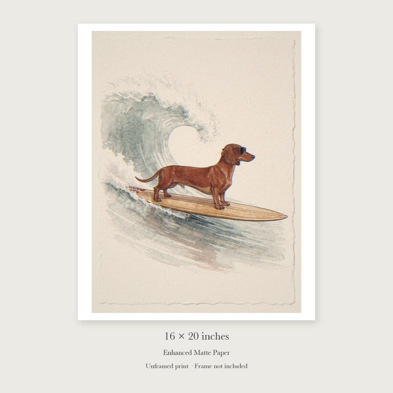 Stampa artistica di un bassotto surfista, con o senza cornice. Poster in stile acquerello con cane. immagine 9
