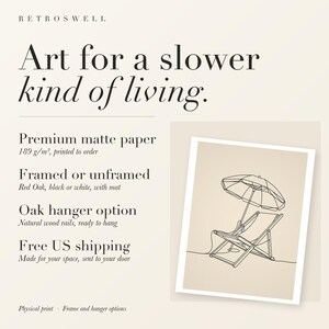 RetroSwell print details for Beach Chair and Umbrella Line: premium 189 g/m² matte paper, framed or unframed, oak hanger option, free US shipping.