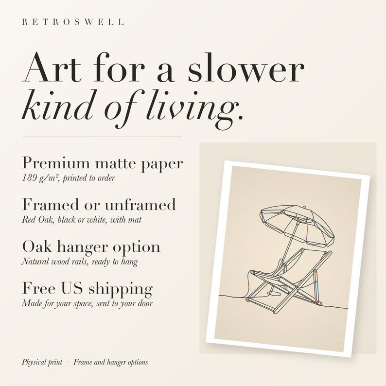 RetroSwell print details for Beach Chair and Umbrella Line: premium 189 g/m² matte paper, framed or unframed, oak hanger option, free US shipping.