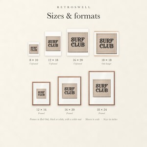 Sizes and formats for Surf Club Patch, shown to scale: unframed prints, oak hanger and framed prints.