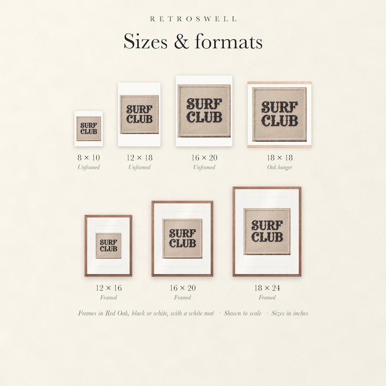 Sizes and formats for Surf Club Patch, shown to scale: unframed prints, oak hanger and framed prints.