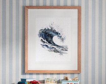 May include: A framed watercolor painting of a dark blue ocean wave crashing. The artwork is set within a light-toned wooden frame with a white mat board. The wave features deep indigo and navy blue tones with white foam and paint splatters.
