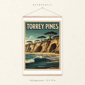 Torrey Pines Surf oak hanger poster, 24 by 36 inches, with natural wood rails and a hanging cord.