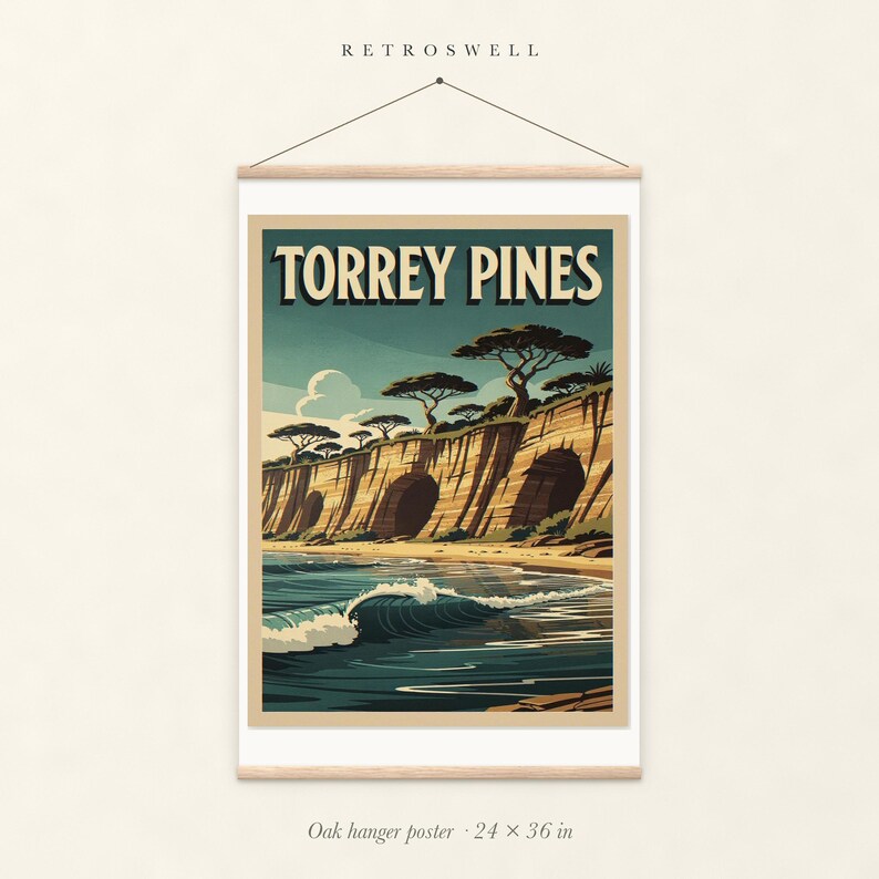 Torrey Pines Surf oak hanger poster, 24 by 36 inches, with natural wood rails and a hanging cord.