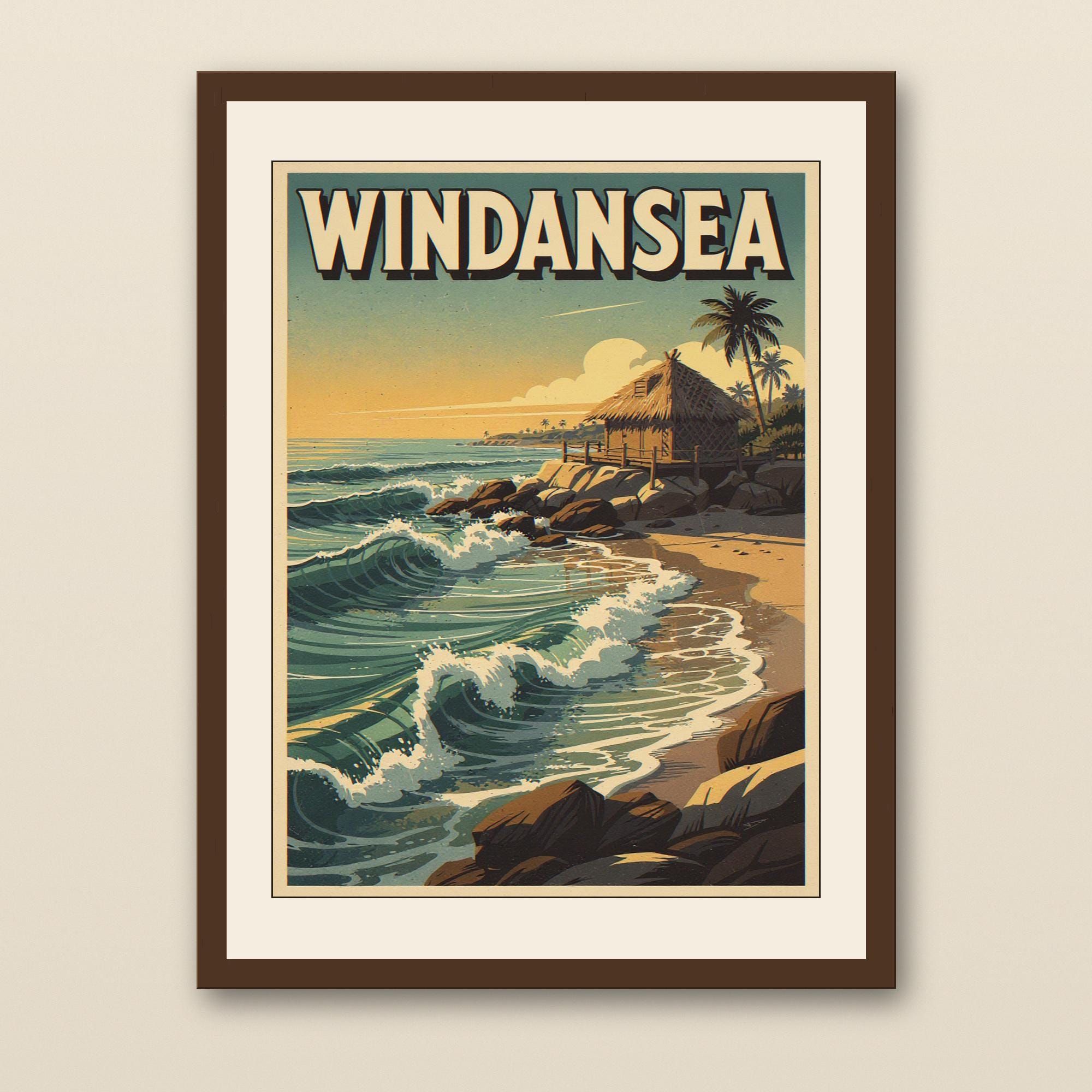 Windansea Beach Poster - walnut framed art print with cream mat on plaster wall