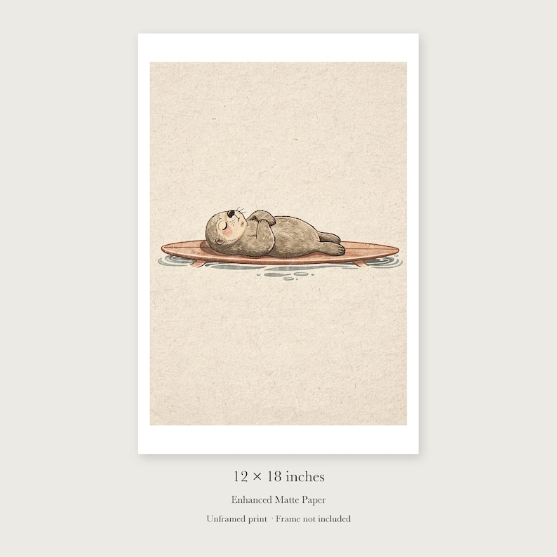 Sea Otter on Surfboard unframed 12 by 18 inch print on enhanced matte paper, shown with its white paper border.