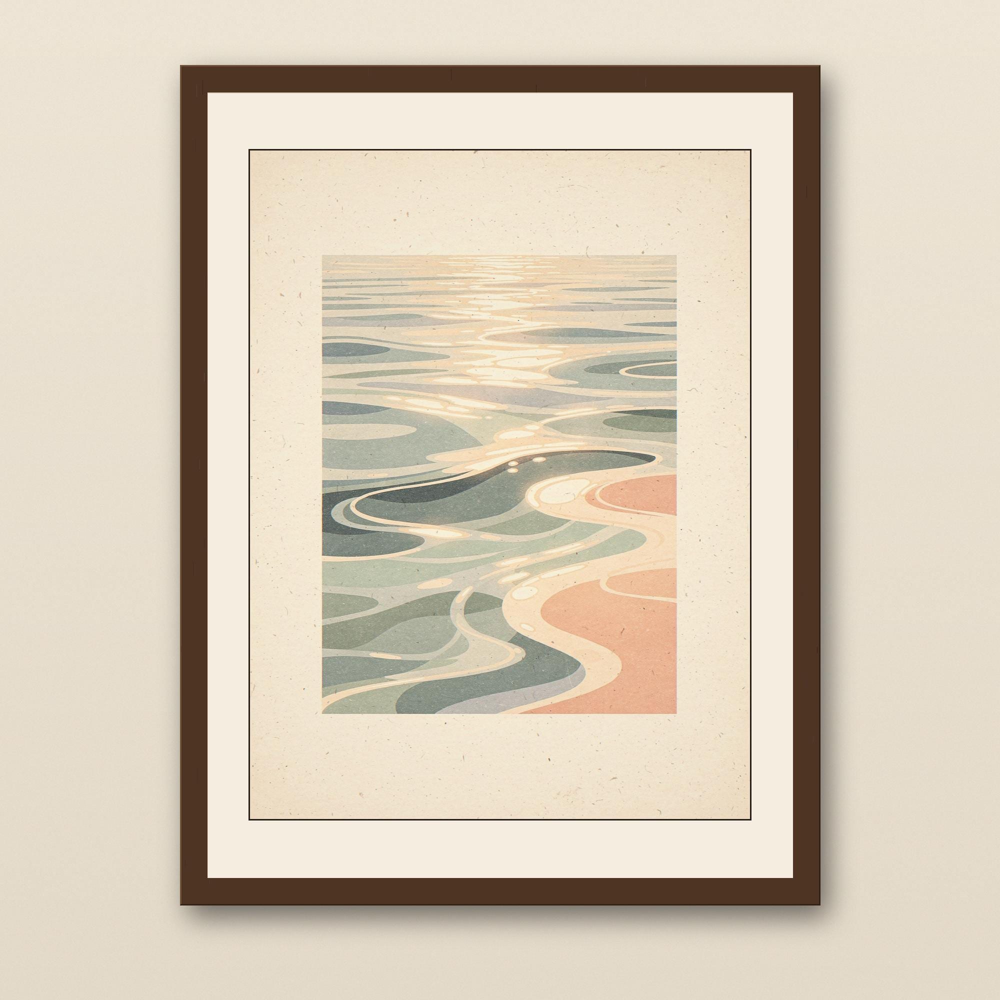 Ocean Ripples Art Print - walnut framed art print with cream mat on plaster wall