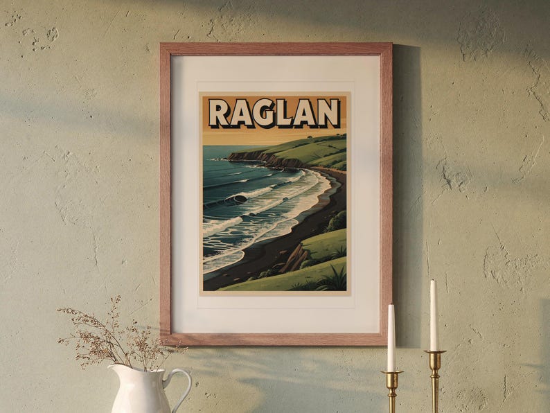 Raglan New Zealand Surf Travel Poster print in a Red Oak frame with a white mat, hanging above the buffet in a dining room.