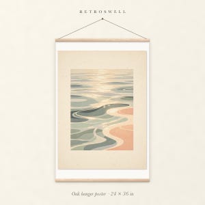 Pastel Ocean Ripples oak hanger poster, 24 by 36 inches, with natural wood rails and a hanging cord.