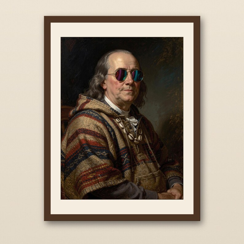 Benjamin Franklin Surfing Print - walnut framed art print with cream mat on plaster wall