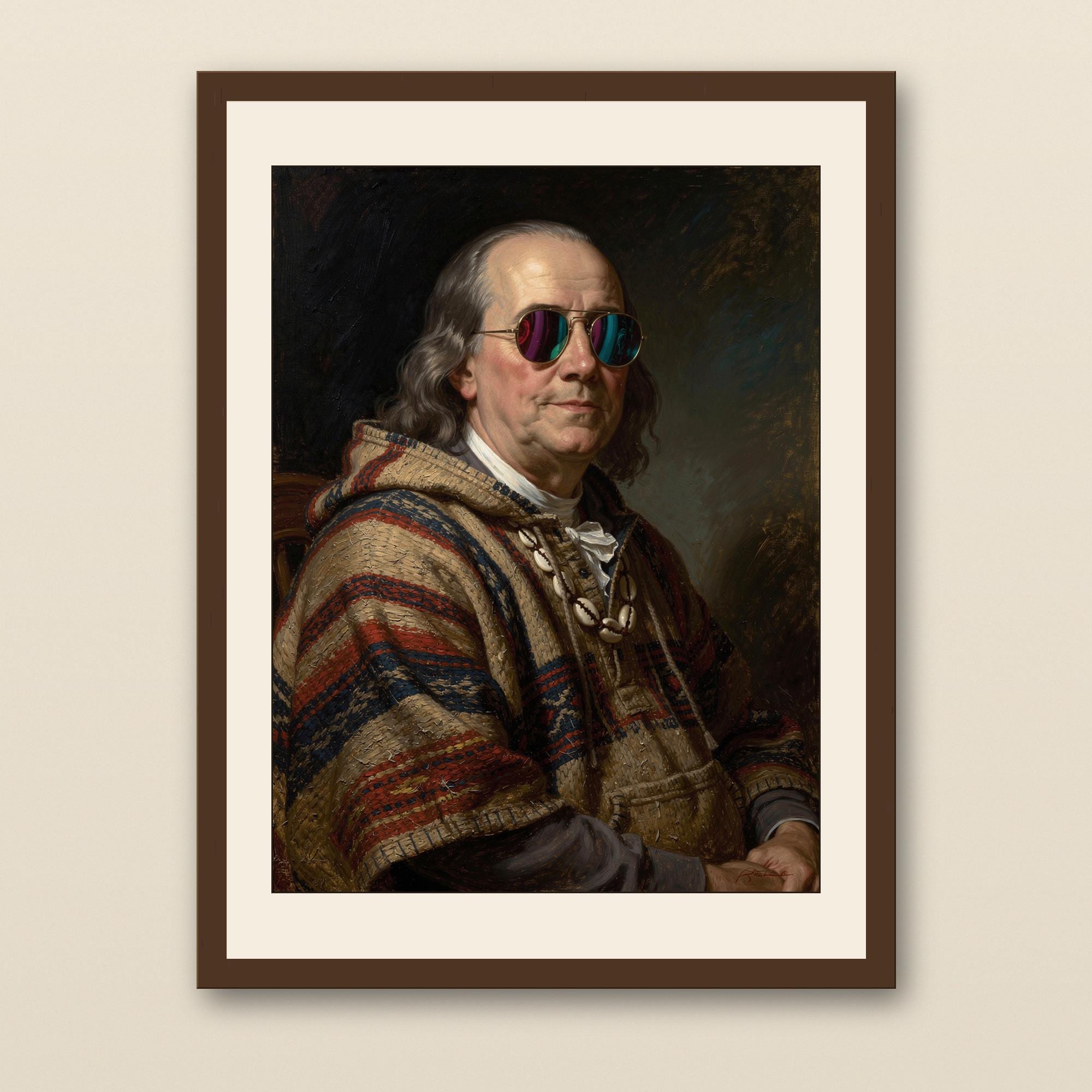 Benjamin Franklin Surfing Print - walnut framed art print with cream mat on plaster wall