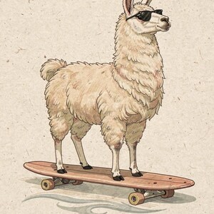 Surfing Llama Print, Cute Llama Watercolor Art, Coastal Nursery Decor, Sepia Ink Animal Illustration, Printable Wall Art Digital Download image 2