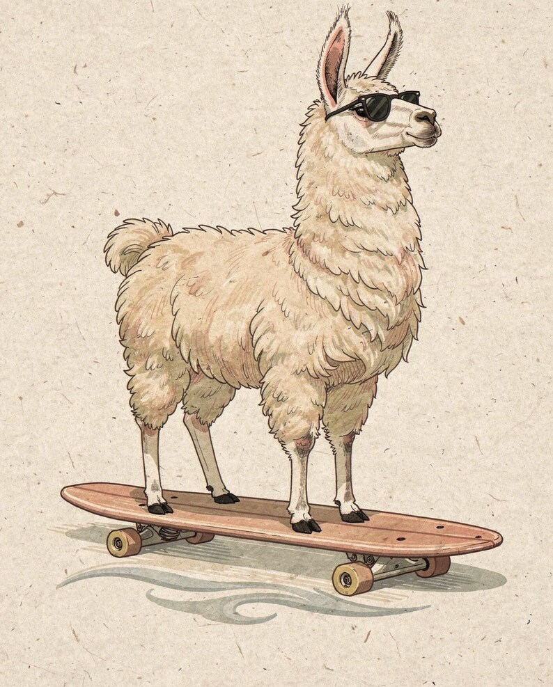Surfing Llama Print, Cute Llama Watercolor Art, Coastal Nursery Decor, Sepia Ink Animal Illustration, Printable Wall Art Digital Download image 2