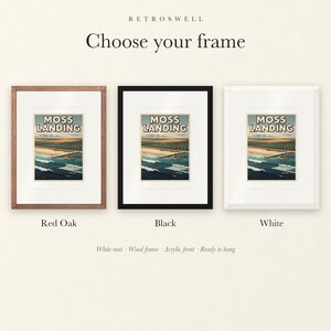 Frame options for Moss Landing Surf: Red Oak, black and white wood frames, each with a white mat.
