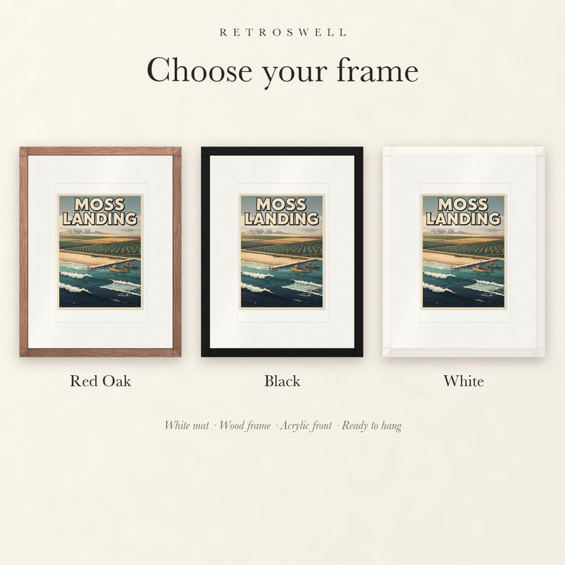 Frame options for Moss Landing Surf: Red Oak, black and white wood frames, each with a white mat.