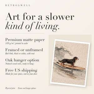 RetroSwell print details for Bernese Mountain Dog Surfing: premium 189 g/m² matte paper, framed or unframed, oak hanger option, free US shipping.