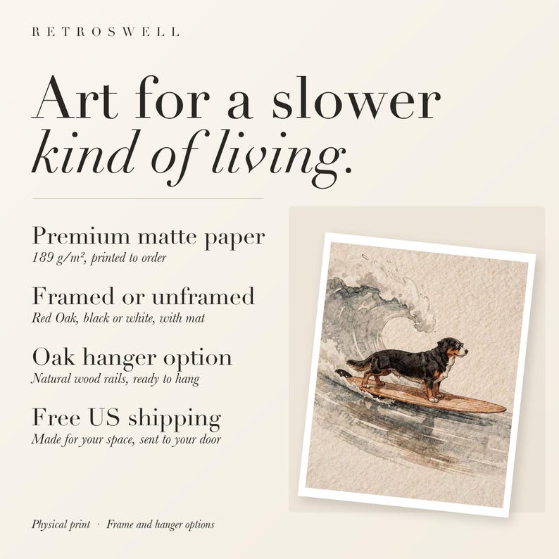 RetroSwell print details for Bernese Mountain Dog Surfing: premium 189 g/m² matte paper, framed or unframed, oak hanger option, free US shipping.