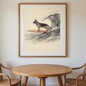 German Shepherd Surfing Print framed in a coastal dining room setting