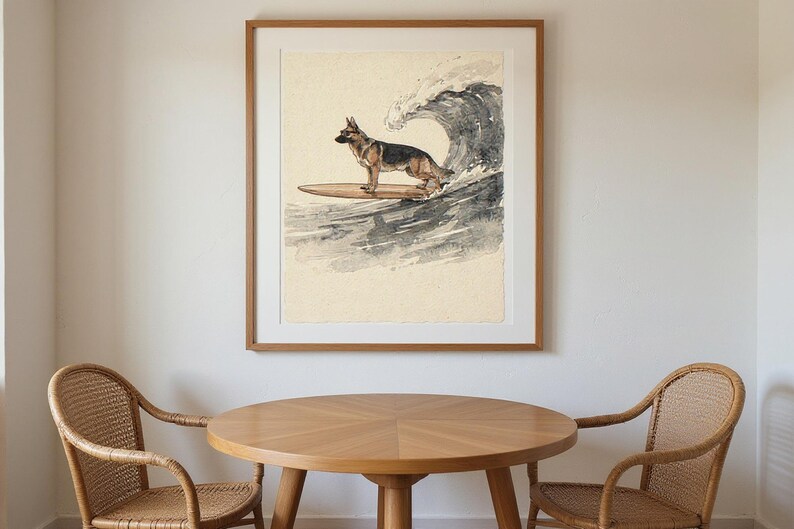 German Shepherd Surfing Print framed in a coastal dining room setting