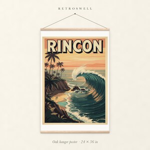Rincon Surf oak hanger poster, 24 by 36 inches, with natural wood rails and a hanging cord.